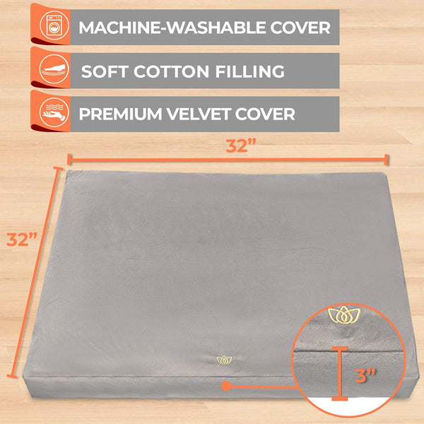 Zabuton mat dimensions, 32 by 32 inches with machine washable cotton velvet cover