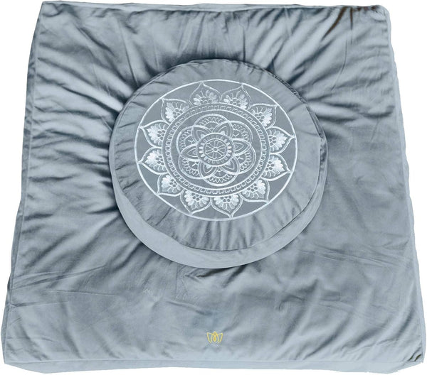 Florensi zafu cushion resting on a grey zabuton mat