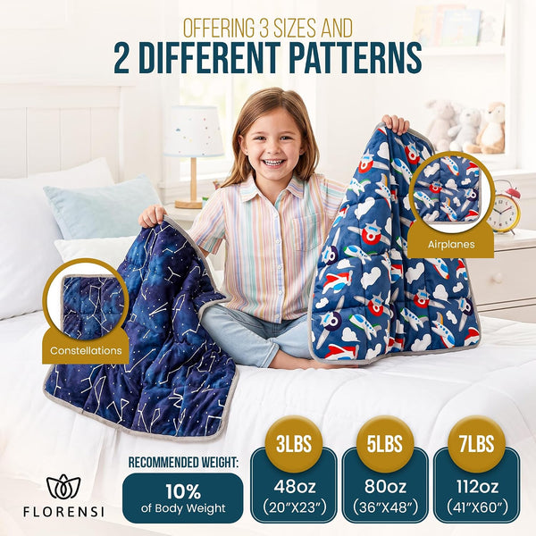 Weighted lap pad size and weight guide: 3 lb, 5 lb and 7 lb