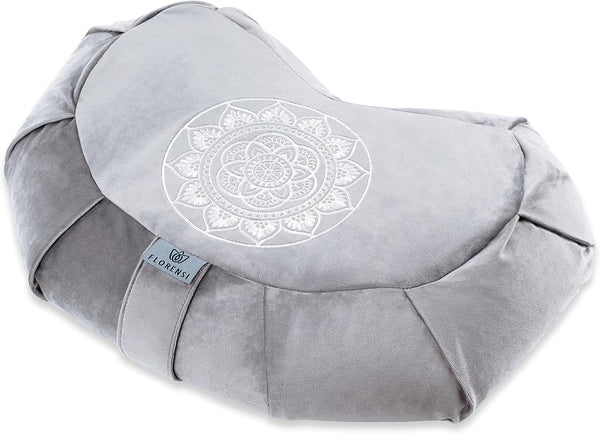Florensi crescent meditation cushion in grey velvet with embroidered lotus