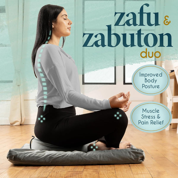 Woman seated in meditation on the Florensi zafu and zabuton set