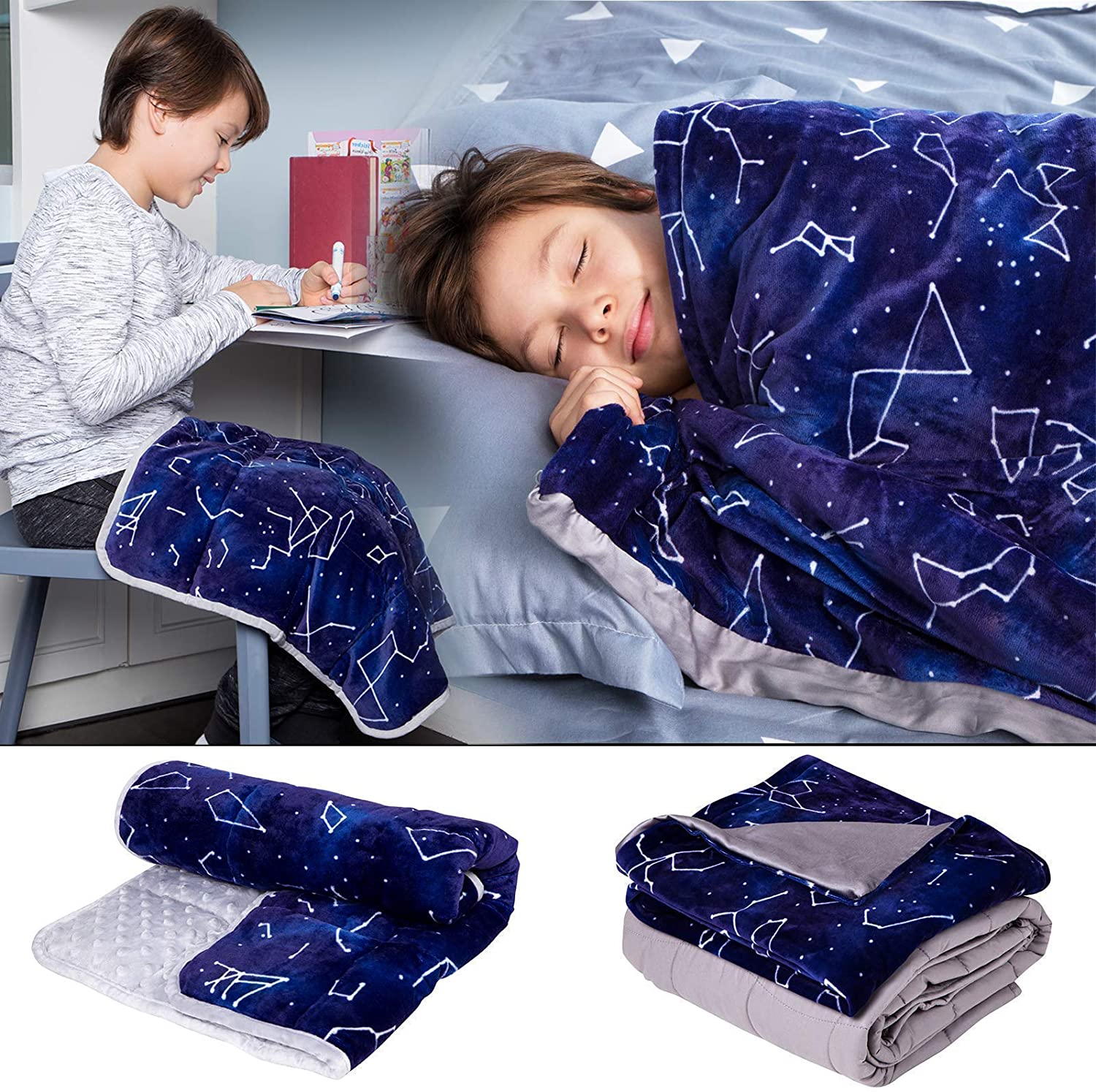 Florensi 5 lbs Weighted Blanket with Removable Bamboo Duvet Cover & 3 lbs Weighted Lap Pad Bundle- Sensory Blanket and Lap Pad Blue Constellations for Kid Baby Toddler Teenager, Washable Cover - Florensi